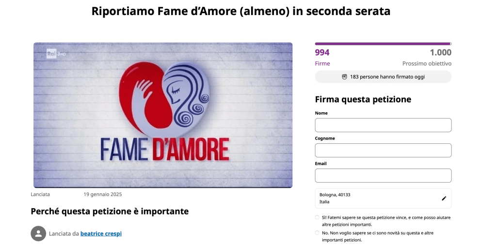 Firmiamo la petizione. Chiediamo che “Fame d’amore” torni in seconda&nbsp;serata